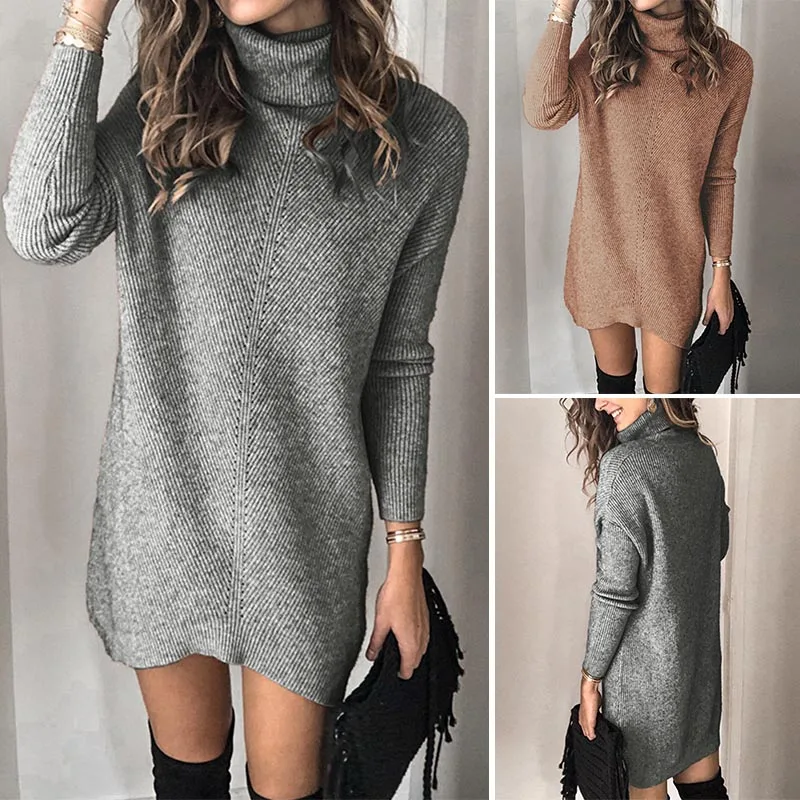 

Womens Turtleneck Long Sleeve Knitted Sweaters Pullover Sweater Solid Scarf Collar Jumper Sweater Dress