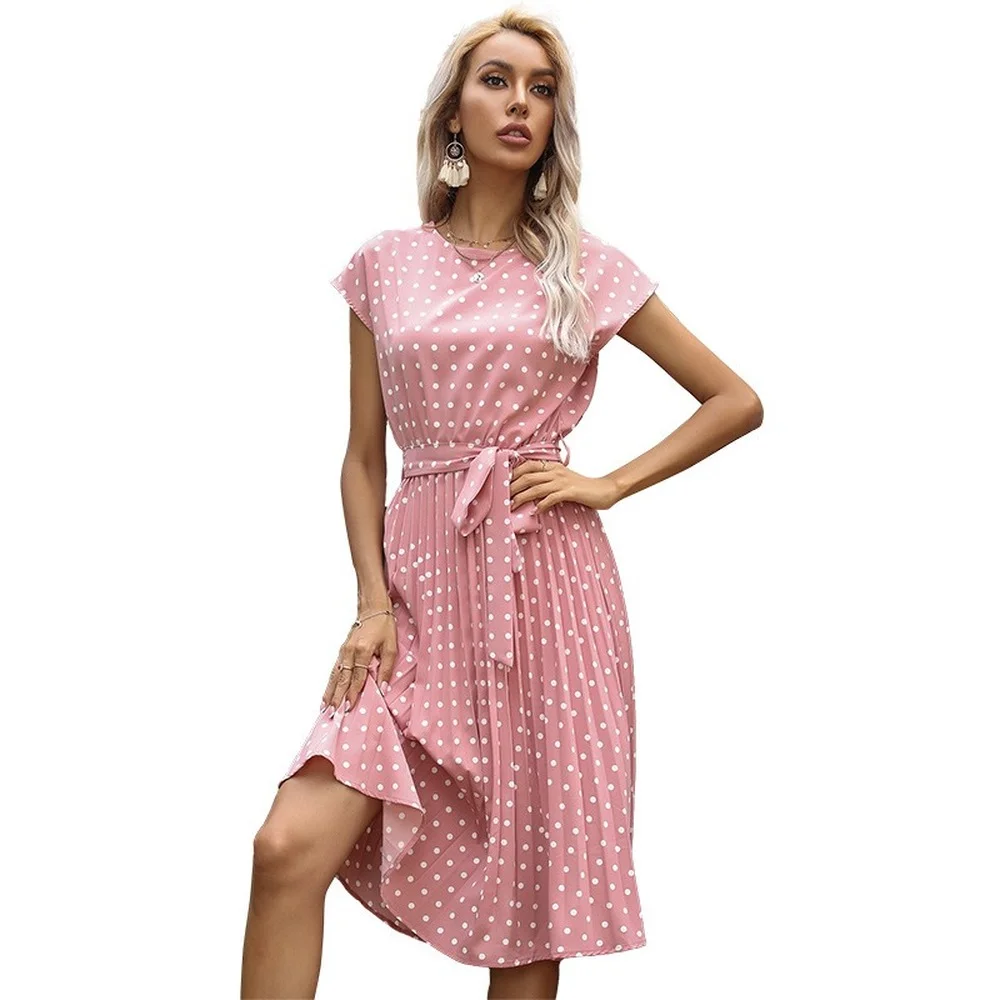 2022 Summer Fall Dot Print Long Dress Women Casual O-neck Short Sleeve High Waist Slim Bandage Belt dresses  vestido feminino