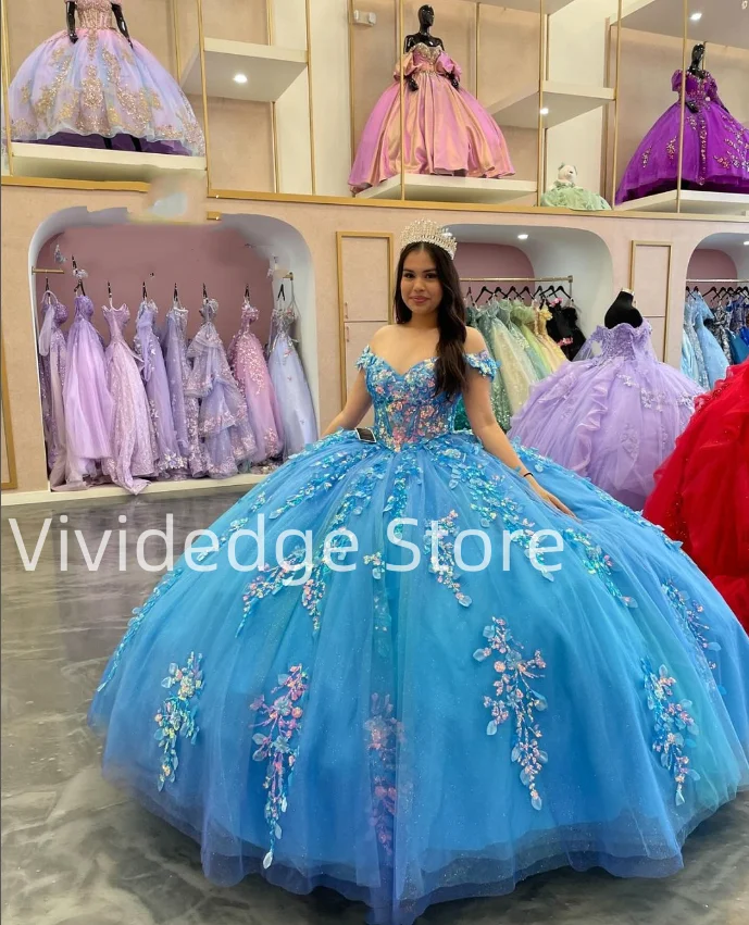 Blue Princess Strapless Corset Prom Dresses 15 Years Formal Occasion Quinceanera Dress Beaded Applique vestidos de quinceañera