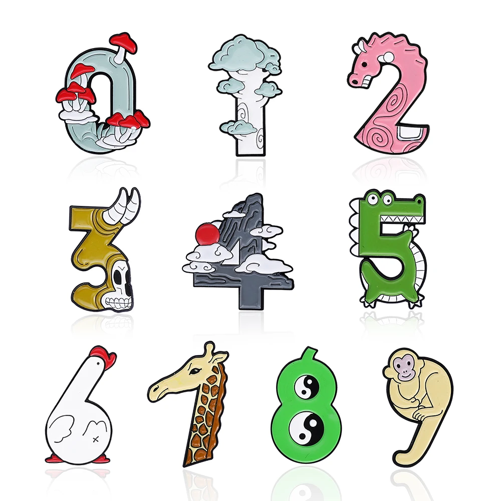 

Cartoon Arabic Numerals Enamel Pins Animal Numbers Brooch Lapel Pins Goose Giraffe Monkey Tai Chi Badges Jewelry Gift Wholesale