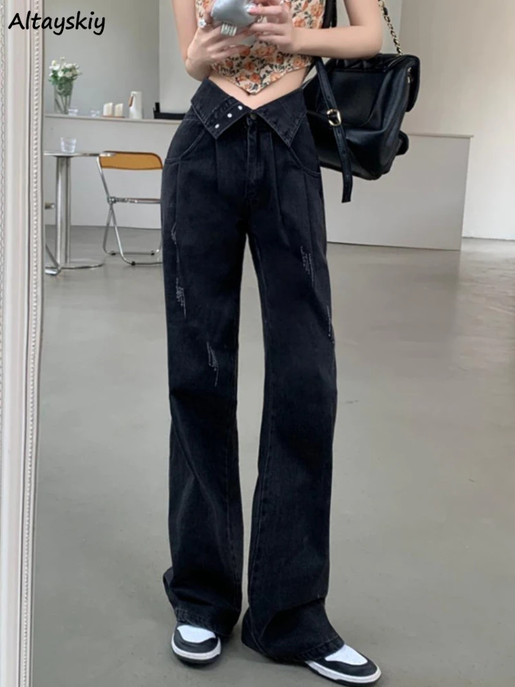 

Jeans Women S-5XL Retro Personality Design Simple Summer Streetwear Daily All-match Ulzzang Empire Chic Straight Ripped Ladies