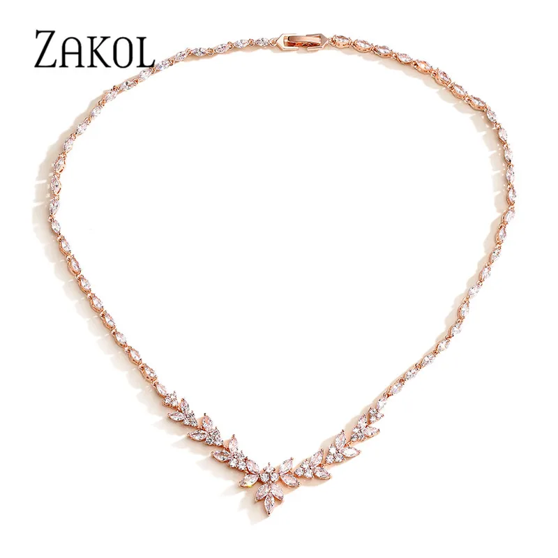 

ZAKOL Luxury Exquisite Water Drop Cubic Zircon Leaf Chain Choker Necklaces for Women Fashion Bridal Wedding Party Jewelry NP5012
