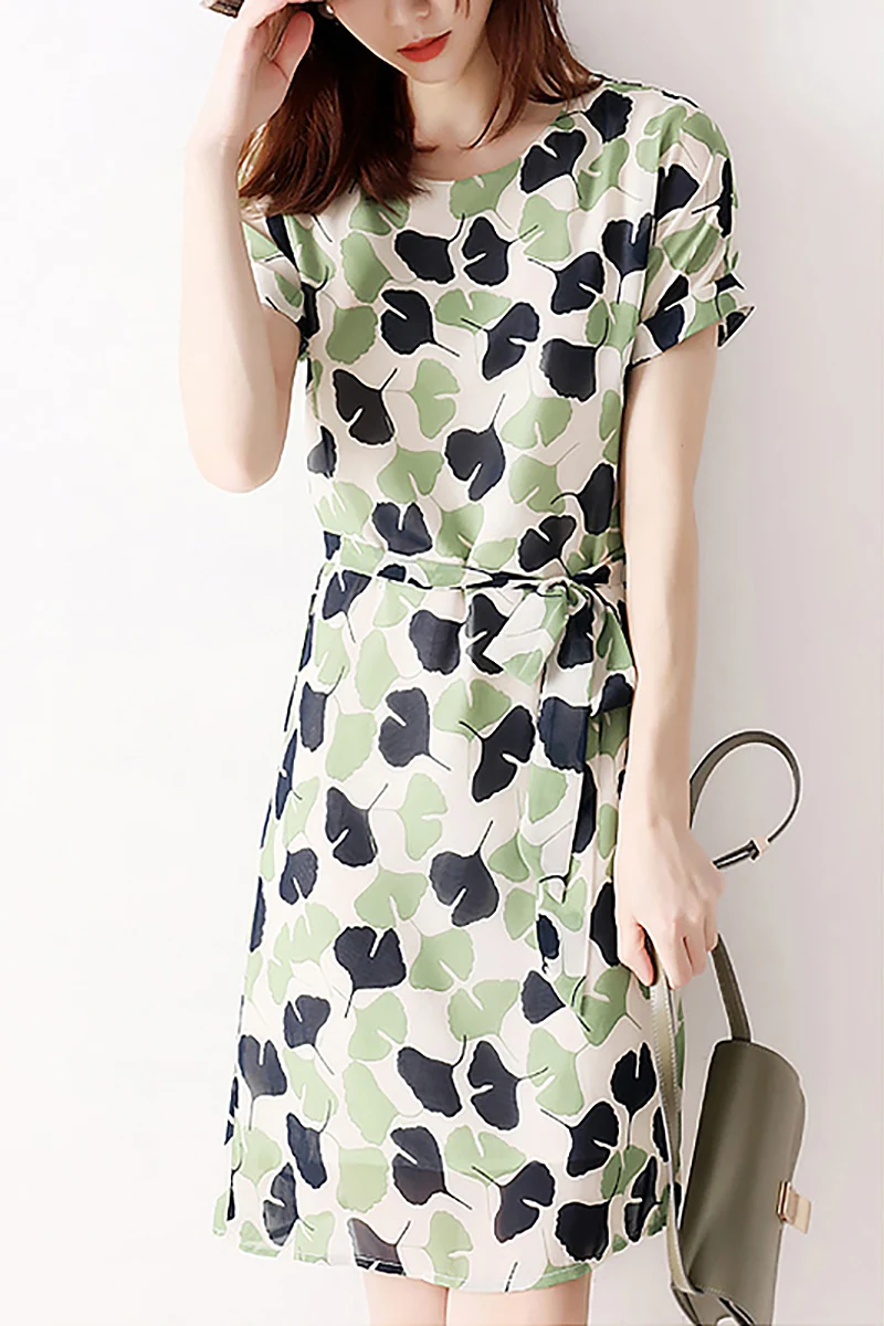 Green Floral Dress Women Summer 2024 New French sle Temperament Small Lace-up Waist Hugging A Word Chiffon Skirts