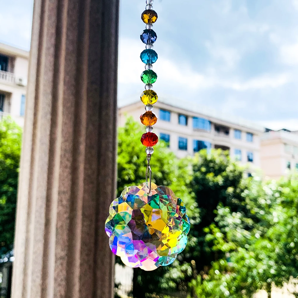 Mandala Chakras Rainbow Crystal Prism Garland Suncatcher Glass Art Faceted Crystals Chandelier Pendant Home Garden Hanging Decor