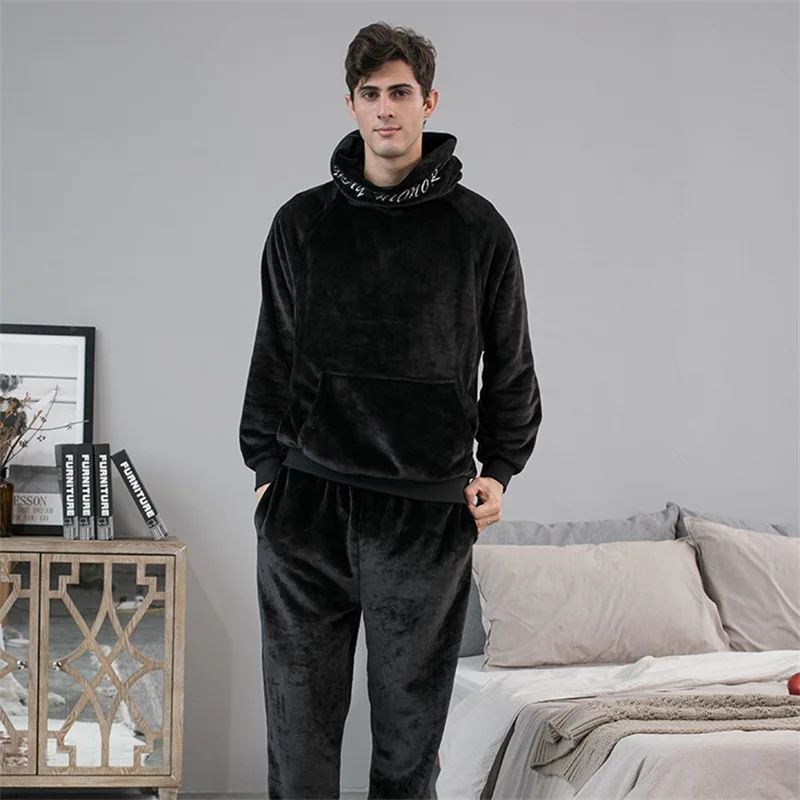 Hot Sale Men's Winter Hooded Blanket Homewear Thickened Pajama Pants Plus Flannel Fleece Couple Homewear Set Lungewear Suit