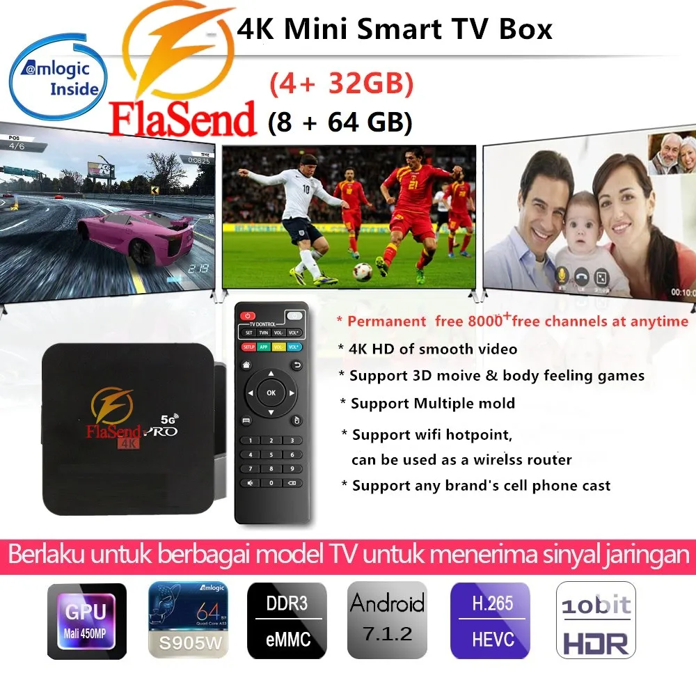 Hot Sale Flasend Pro RAM 8GB& ROM 64GB 4K 4G&5G WiFi Internet Permanent Free TV Channels S905L Android 7.1 Set Top Smart TV Box