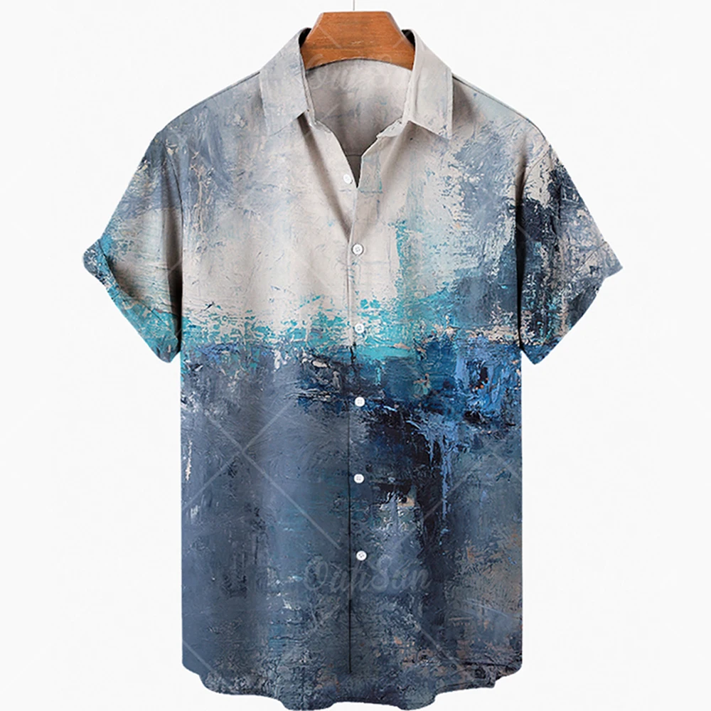 

New Summer Oil Painting 3D Beach Hawaii 2022 Summer Shirt Short Sleeve Shirt Streetwear Oversized Camisa Social Chemise Men