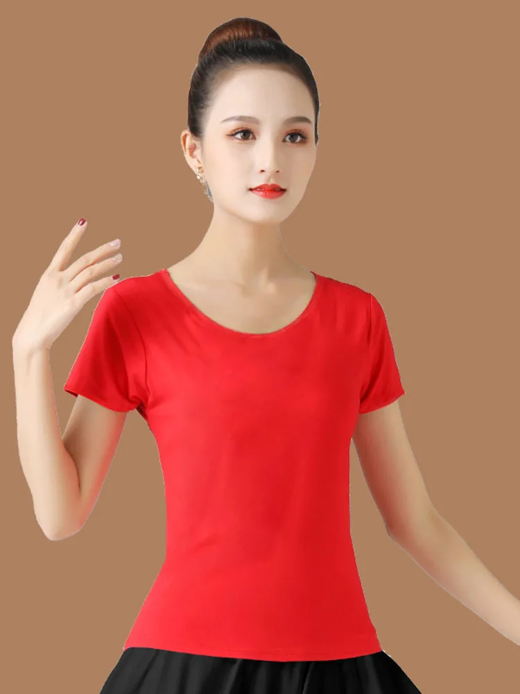 

Однотонные современные топы для латиноамериканских танцев, костюм, Классический Топ с коротким рукавом для соревнований, элегантная джазовая футболка для бальных танцев