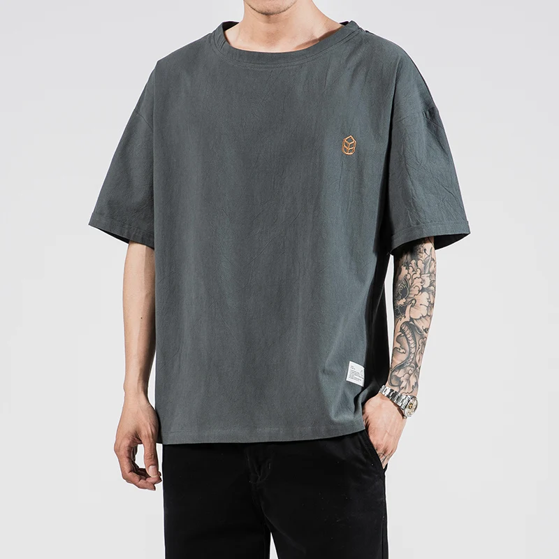 

2022 summer new linen large men's embroidered large short sleeve casual T-shirt men