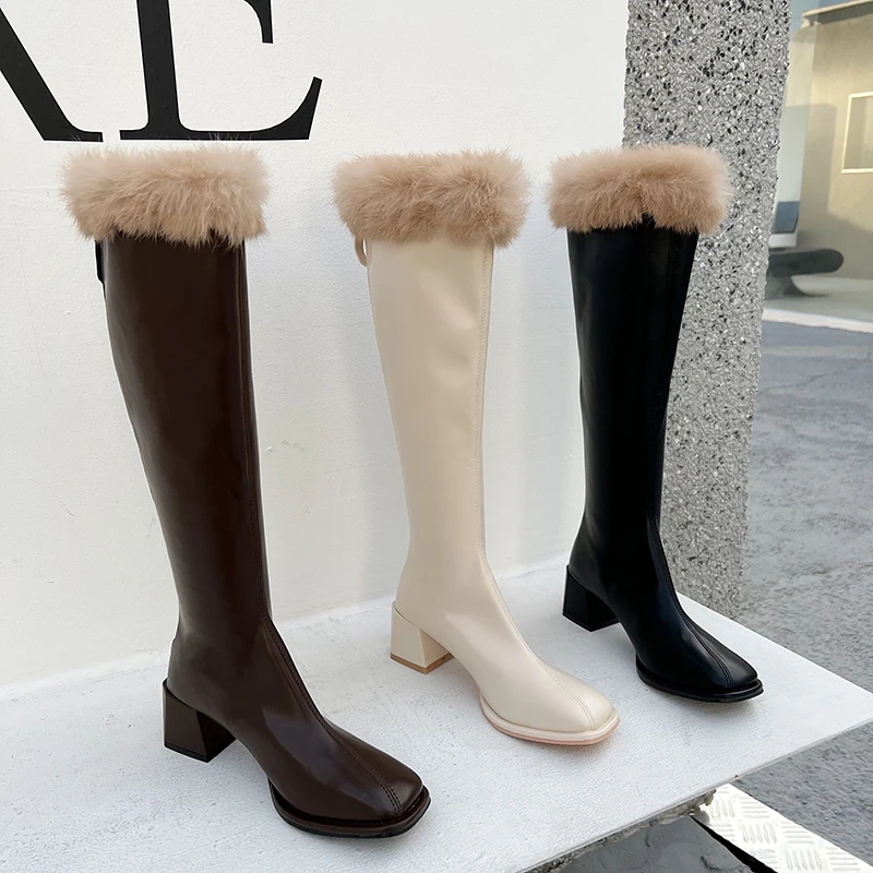 

Square Toe Women Knee High Boots Black White Brown Fur Autumn Winter Boots Woman Thick Mid Heels Fashion Sock Boots Size 35-39