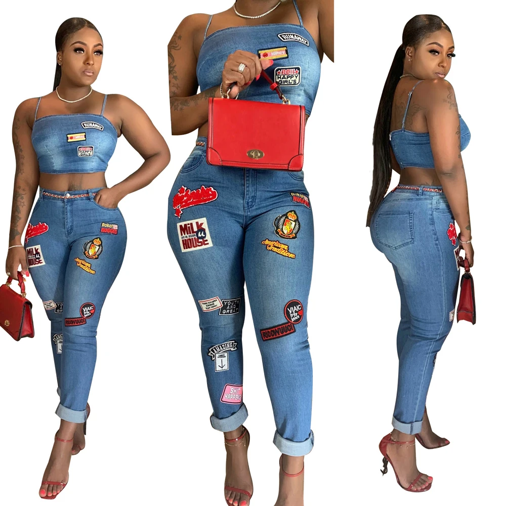 

2022 Brand New Autumn Fashion Cute Cartoon Patch Crop Tops and Pants Suit Women Denim Jeans Ladies Two Piece Set Clothing