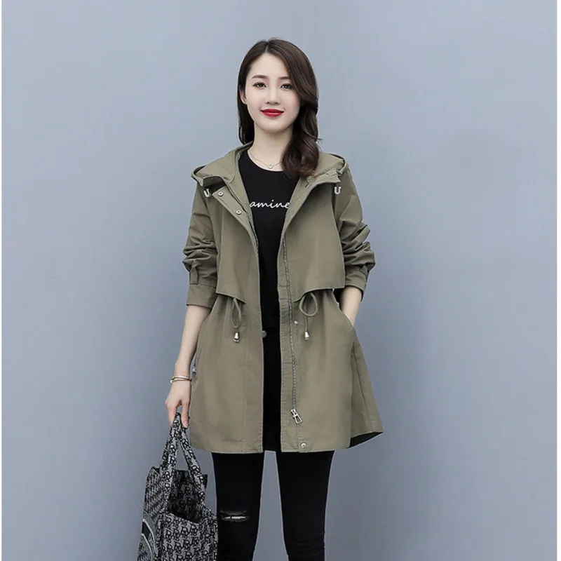 

Spring Autumn Mid-Length Windbreaker Women Loose Casual Hooded Trench Coat Female Femme Outerwear Top Manteau Femme Hiver