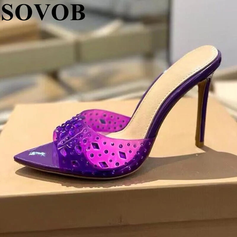 Летние туфли с острым носком из ПВХ Bling Crystal женские универсальные на высоком