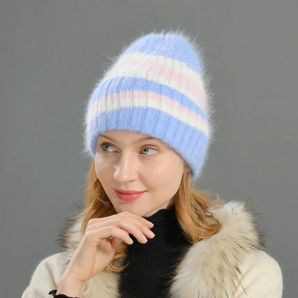 Jaxmonoy Winter Long Rabbit Fur Knitted Beanie Hats Ladies Casual Thicken Warm Three Color Joining Together Bonnet Female Fall
