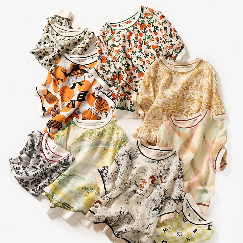 

High Quality Elegant Ladies Tops Fashion Printted Short Sleeve Ice Silk Chiffon T-shirt Women All-matcing Casual Tee Shirt Femme