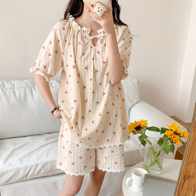 

Cherry Soft 100%Cotton Print Lace Short Sleeved Pajama Set Women Kawaii Elegant Casual NightDress Korean Style Loose Sweet Ins