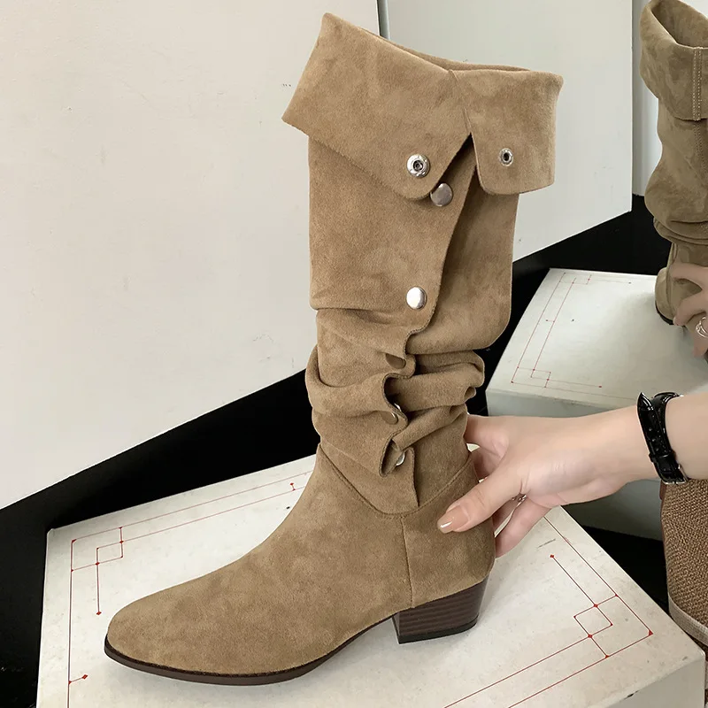 Женские кожаные сапоги Резиновые на среднем каблуке-копыте из искусственной