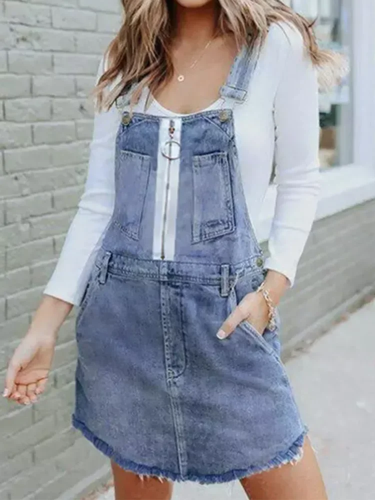 

NEW 2023 Fashion Denim Suspender Skirts 2022 Women's Clothing Sweet Washed High Waist Zipper Denim Short Dresses Female Urb