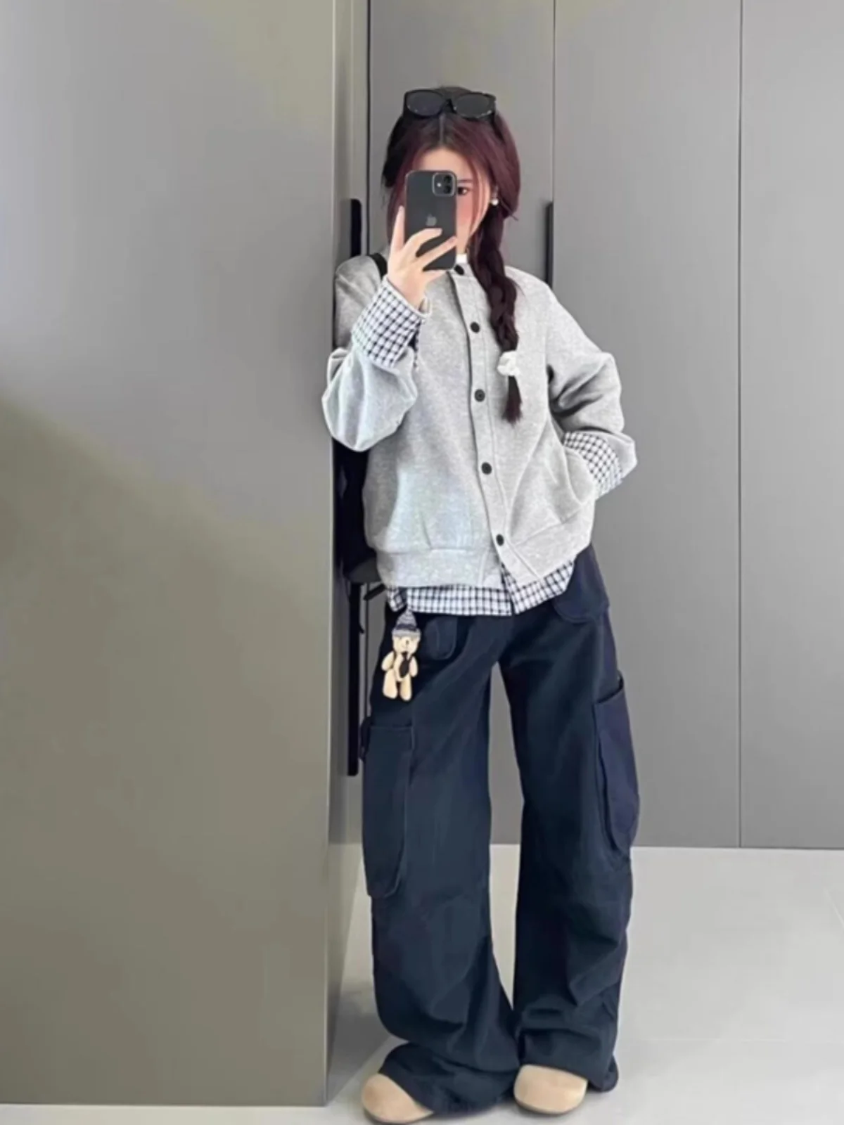 Осень и зима Серый искусственный кардиган из двух предметов с капюшоном Верхняя