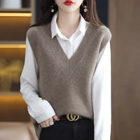 spring new fashion age reducing wool knitted vest womens solid color v neck sleeveless loose and slim waistcoat top