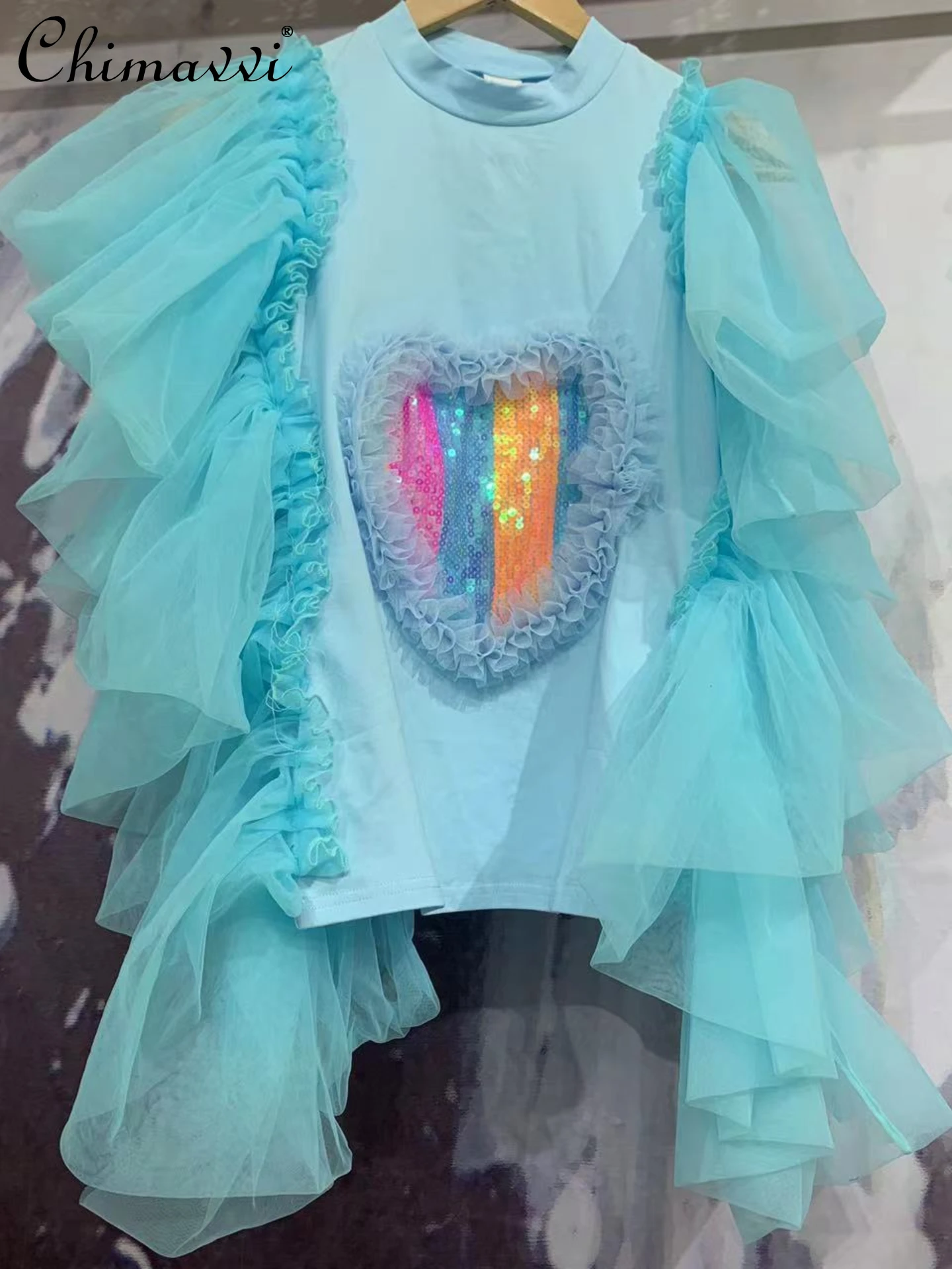 

Fashion Blue Fairy Mesh Round Neck Pullover T-shirt 2022 Summer New Sweet Elegant Sequined Contrast Color Love Loose Top Tees