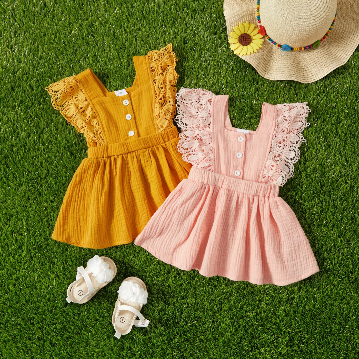 

PatPat Baby Girl 100% Cotton Crepe Lace Decor Sleeveless Dress