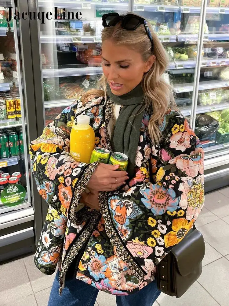 

Jacuqeline Fashion Flower Printed Coat for Women Long Sleeve Thick Warm Cotton Jacket 2023 Winter Elegant Casual Streetwear