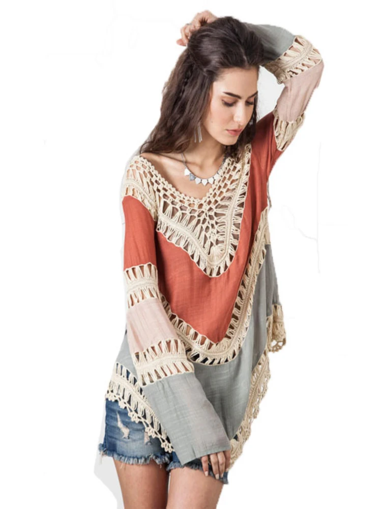 

Swimsuit Cover Up Women's Clothing Beach Blouse Long Cotton and Linen Hollow Out Crew Neck Beach Coverups for Women