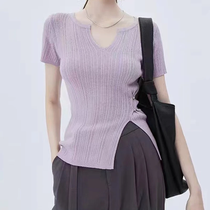 Летняя женская однотонная вязаная блузка с v-образным вырезом и короткими