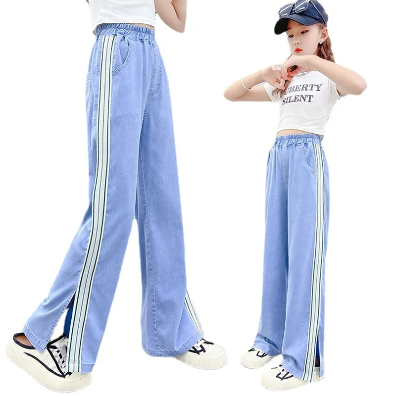 

Teens Clothing Fashion Girls Trousers Summer New Striped Denim Jeans Toddler Kids Clothes Wide Leg Pants 6 8 10 12 14 Years Old