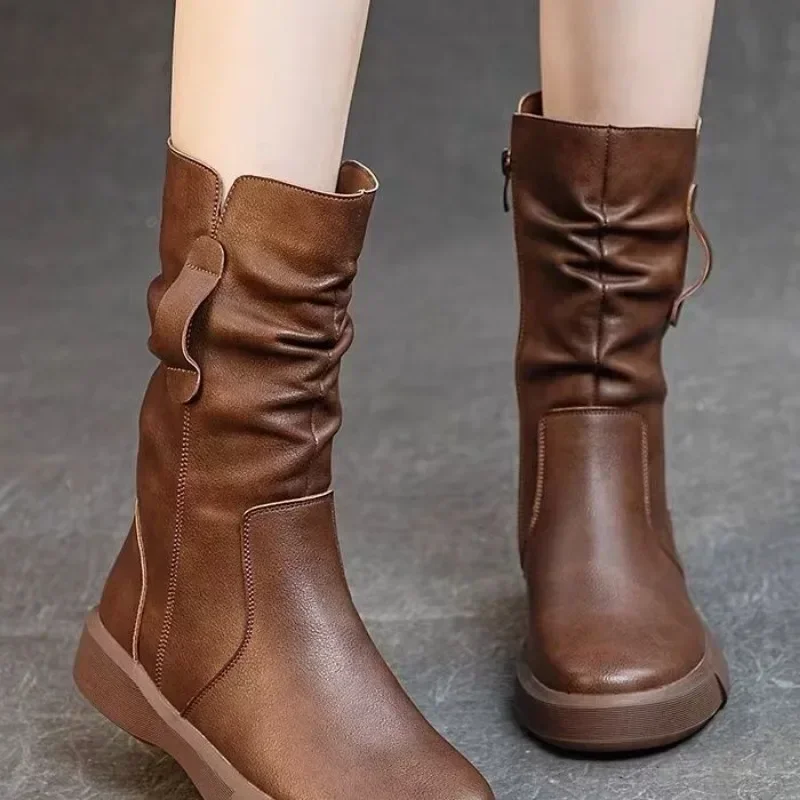 Теплые женские туфли до середины икры большого размера полувысокие сапоги с