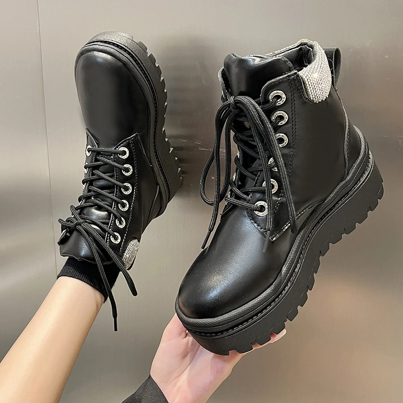 

Rimocy Fashion Crystal Platform Ankle Boots Women Thick Bottom Pu Leather Botas De Mujer 2022 Autumn Lace Up Chunky Shoes Woman