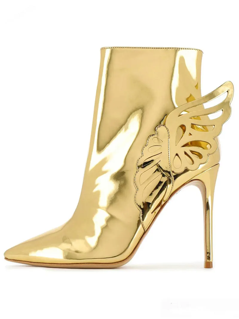 

Fashion New Women High Heel Pointed Toe Boot Bright Leather Butterfly Wings Ankle Boots Blingbling Thin Heel Lady Wings Boots