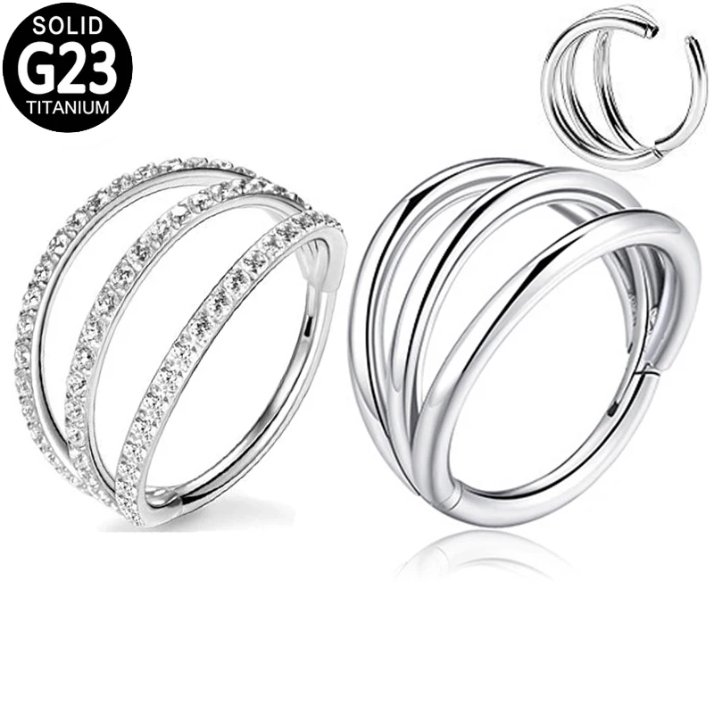 

G23 Titanium Earrings Piercing Nose Ring 3 Side CZ Pave Septum Clicker Hinged Segment Ear Cartilage Tragus Nose Studs Jewelry