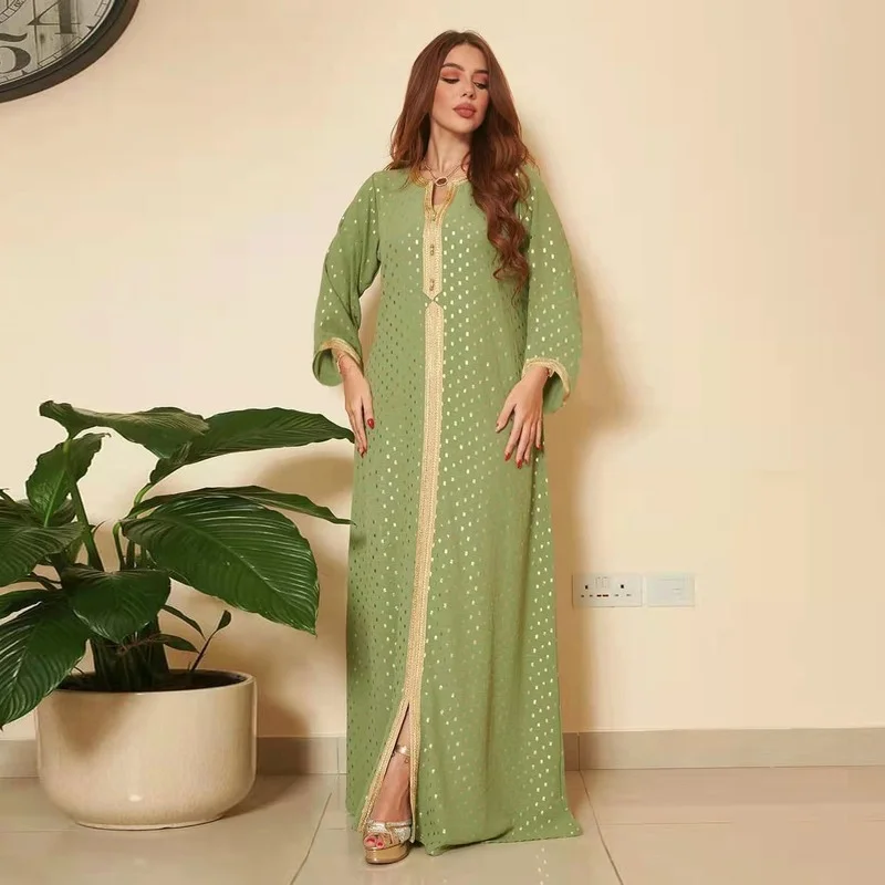 Sunny Kaftan Marocain Dubai Malaysia Abaya Gold Stripe Dress Islamic Clothing Robe Gold Cuff Neckline Muslim Elegant Maxi Dress