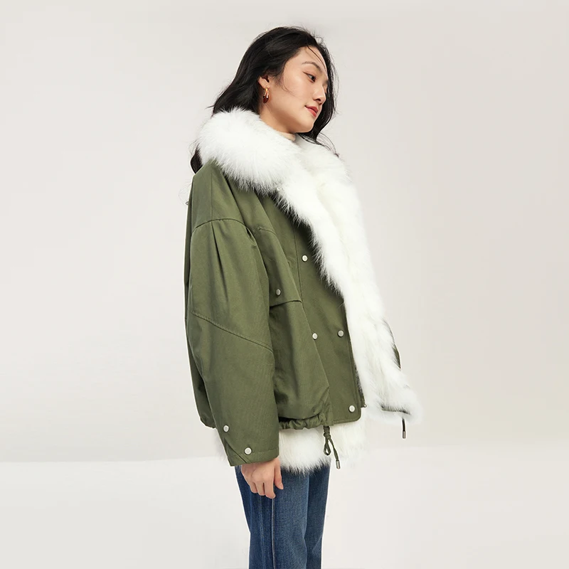 SHUCHAN 90%  White Duck Down  Jackets for Women  Covered Button Liner Detachable Fox Fur Collar Detachable  Wide-waisted