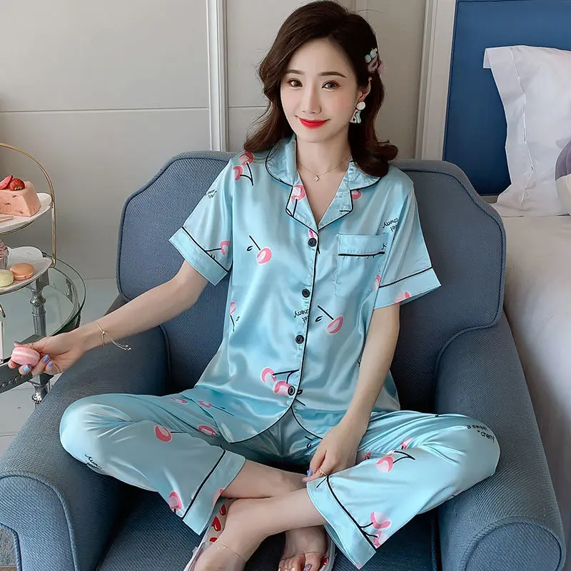 

Short Sleeve Silk Pajamas Soft Women Summer Home Set Girl Sleepwear Pyjamas 3XL 4XL 5XL 85kg Nightwear Set Women Pjs