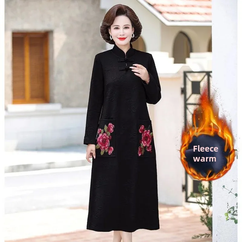 Новинка 2024 стильное утепленное китайское платье с флисовой подкладкой бежевое