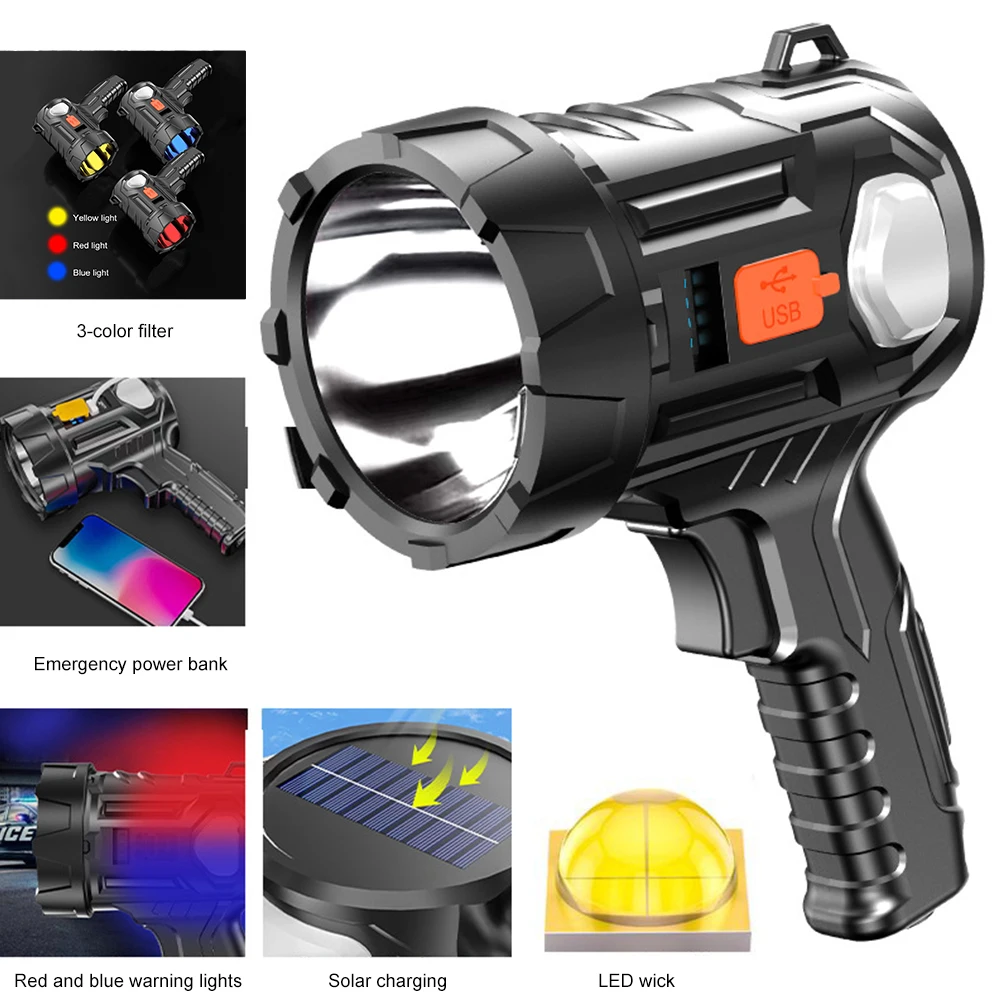 

Portable Led Flashlight Type-C USB Solar Camping Spotlights with Power Display 350lm 6 Modes Waterproof Torch Light With Tripod