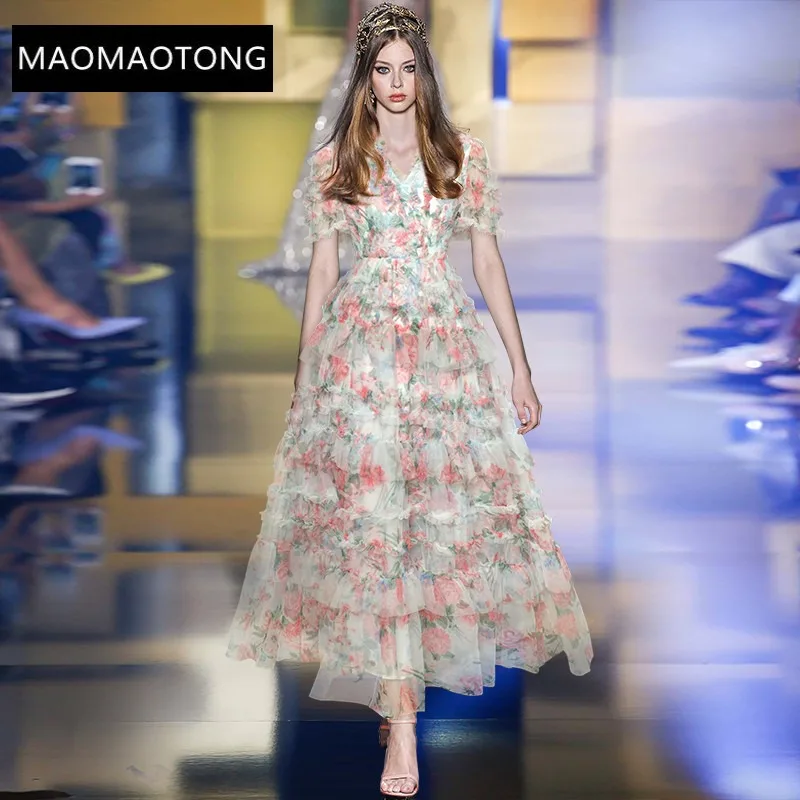 

Women Long Luxurious Evening Dresses Summer Mesh Elegant V-neck Ruffles Short Sleeve Flower Printing Maxi Holiday Party Dress