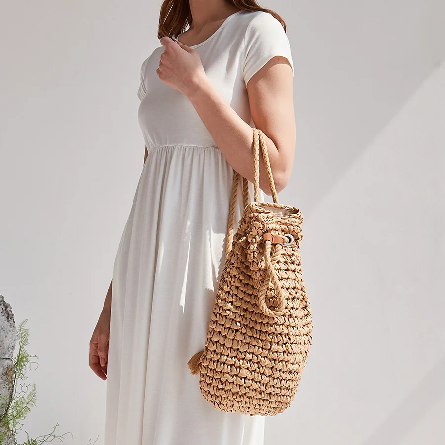 

Summer Straw Backpack for Women Handmade Drawstring Beach Shoulder Bags Raffia Rattan Woven Travel Handbags bali lady backpacks
