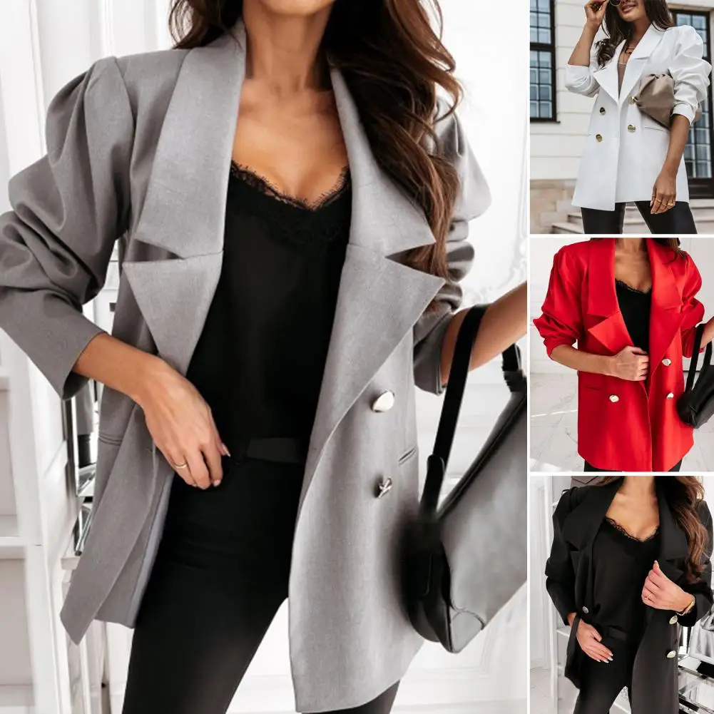 

Lapel Long Sleeves Pockets Solid Color Office Blazer Autumn Double Breasted Loose Fit Women Blazer Outerwear
