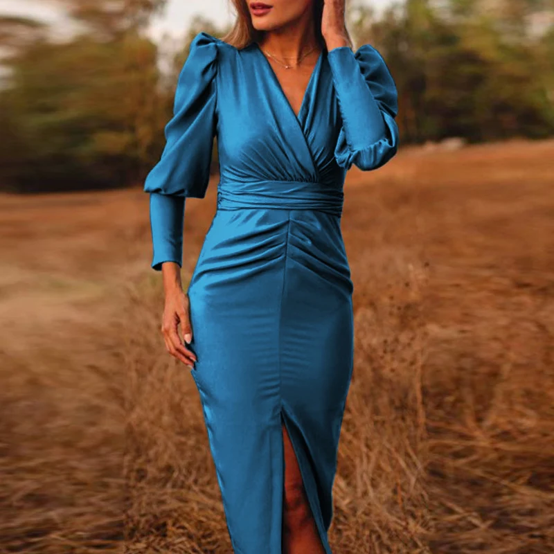 

Fashion Satin Party Dress Female 2021 Autumn Casual Long Puff Sleeve Gift Dress with Hip Sexy V-neck Elegant Split Party Skirt