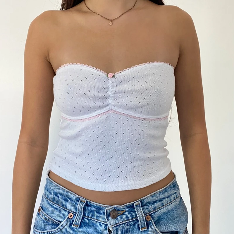 

y2k Summer Women Fairy Grunge Lace Trim 3D Floral Tube Top Korean Kawaii Shirring Sleeveless Slim Fit Tank Top Casual Streetwear