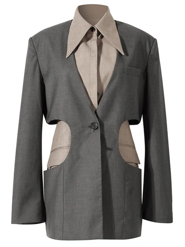Blazer Black Coat Laminated Splicing Design Side Waist Hollow Cut Fake Two-piece Suit Jacket Female Brief 2022 Spring New B840