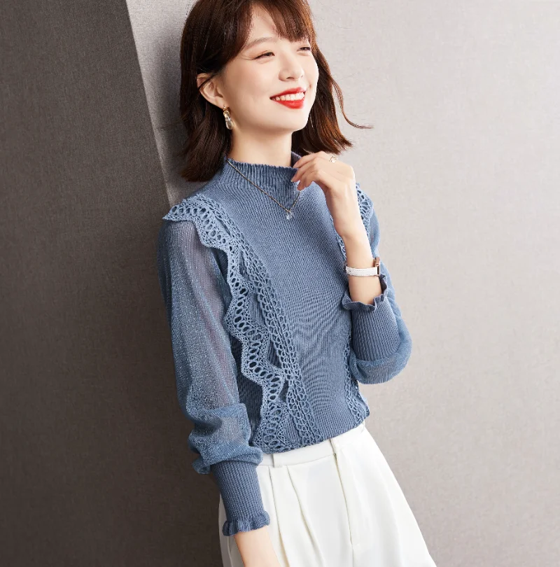 

Женская кружевная блузка в стиле пэчворк, свободная рубашка с длинными рукавами и оборками, корейский топ с круглым вырезом, новая одежда ре...