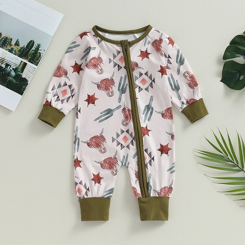 

0-12 Months Baby Girls Boys Casual Crew Neck Romper Long Sleeve Cattle Head Cactus/Cattle Print Jumpsuit Newborn Fall Clothes