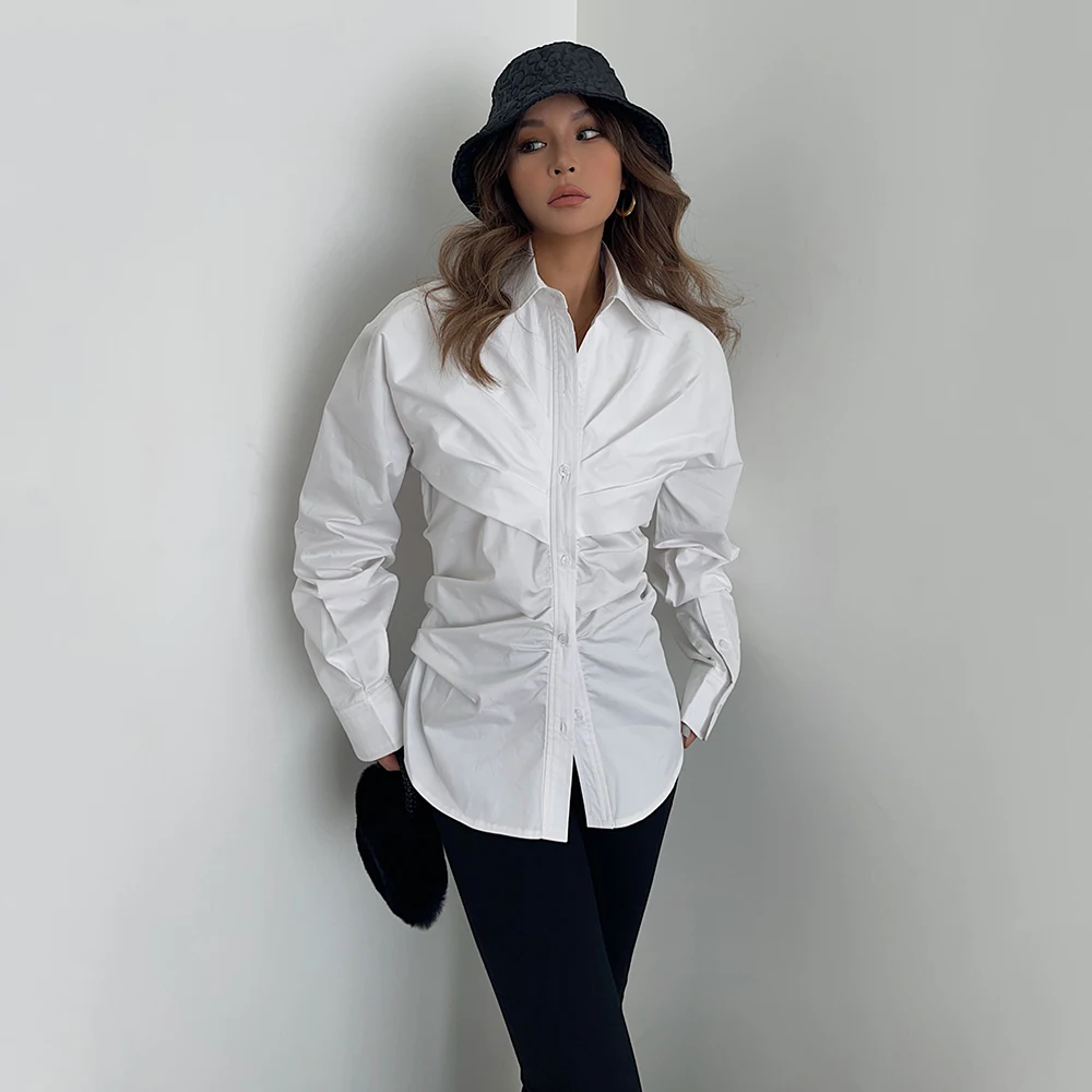 

SuperAen High-quality Design White Shirt Pleated Waist Long Sleeve Cardigan Shirt Women Three-dimensional Stylish Shirt