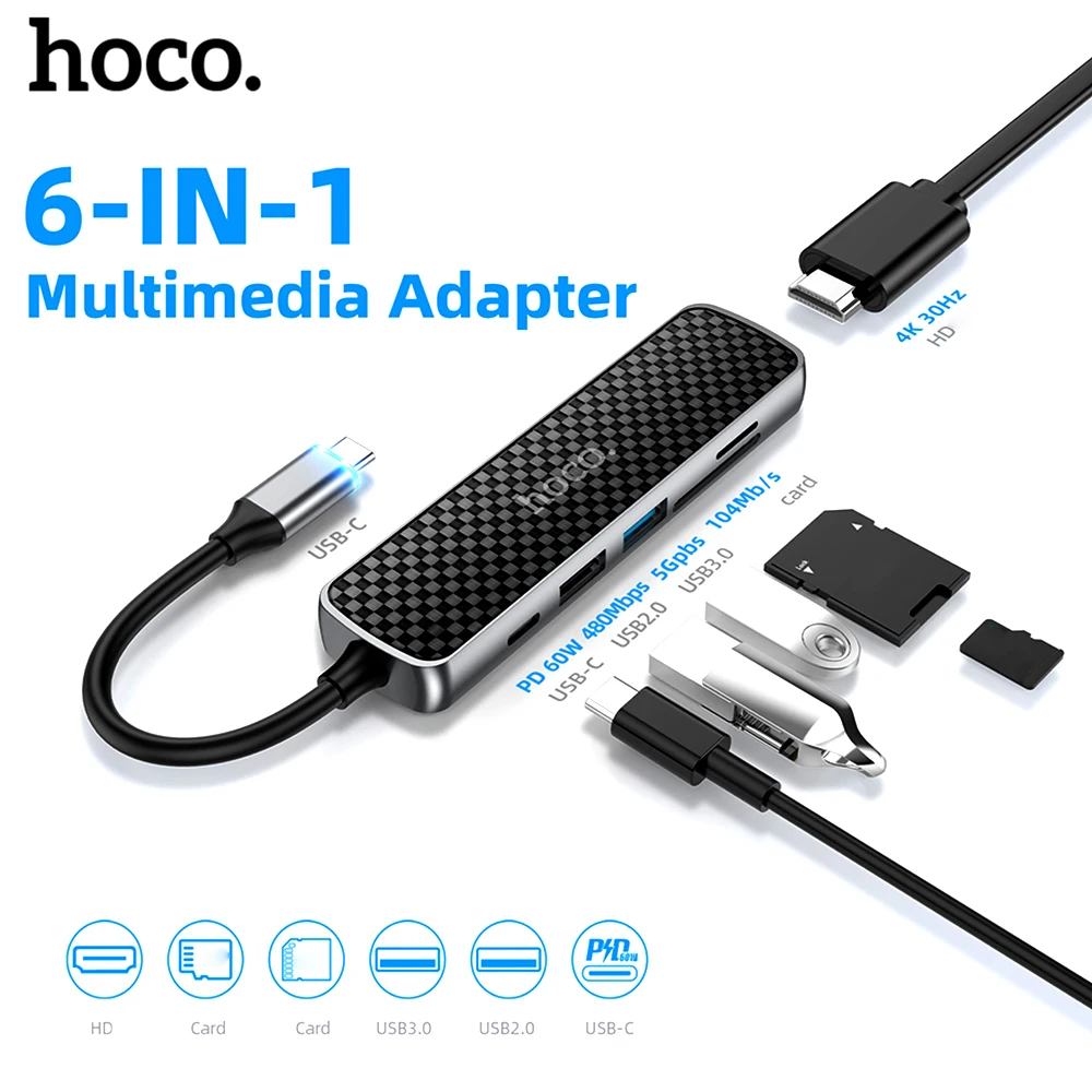 

USB-концентратор HOCO HB24, 4K, 30 Гц, USB 3,0 PD, 60 Вт