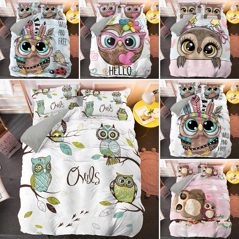 

Lovely Cartoon Owl Pattern Bedding Set 2/3pcs Full Queen King Size Microfiber Quilt/Comforter Cover For Kids Baby Bedroom Decor